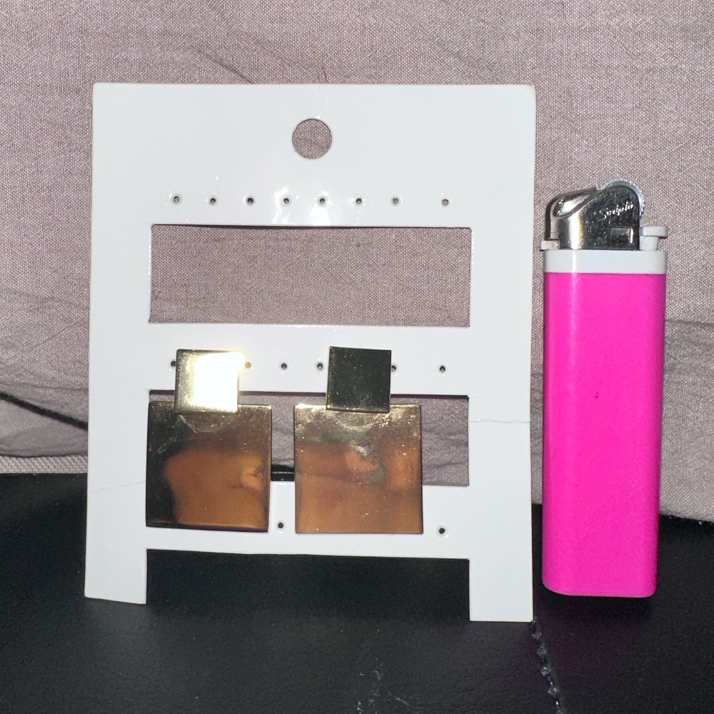 Gold Double Square Drop Stud Earring - image 1